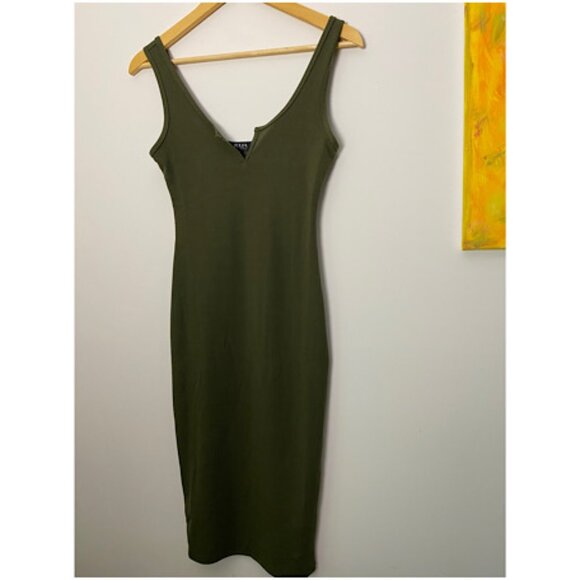 NWT Olive Ribbed Notch Neck Sleeveless Solid Bodycon Dress.Y2K Fitted Tank Dress - Picture 6 of 7